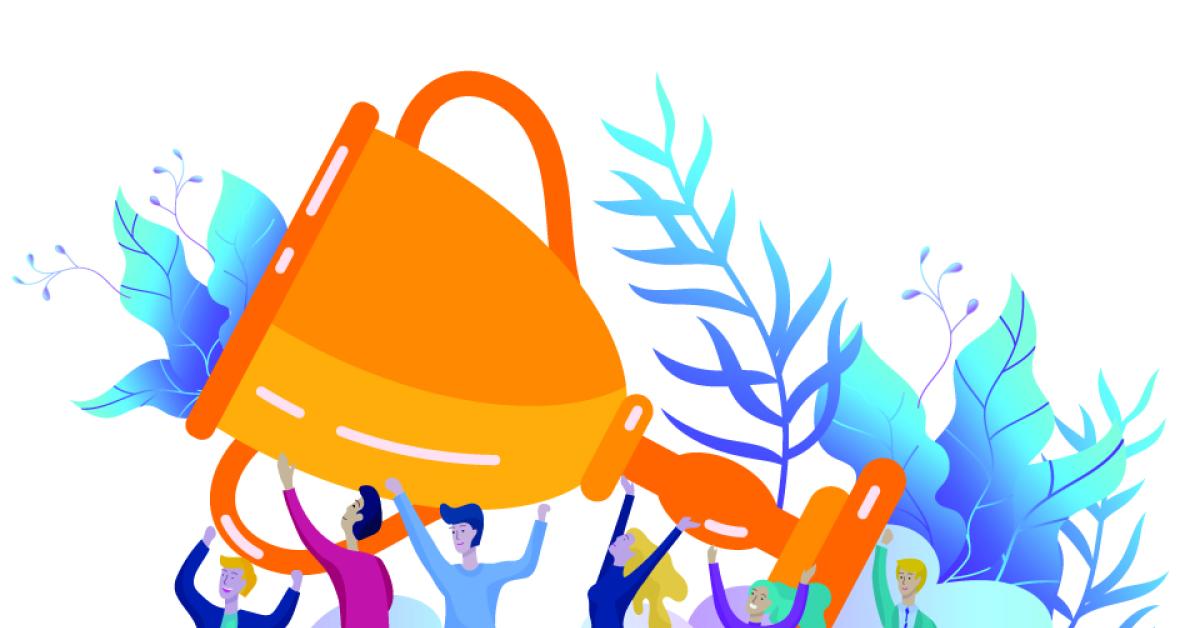 Cartoon group of workers holding trophy