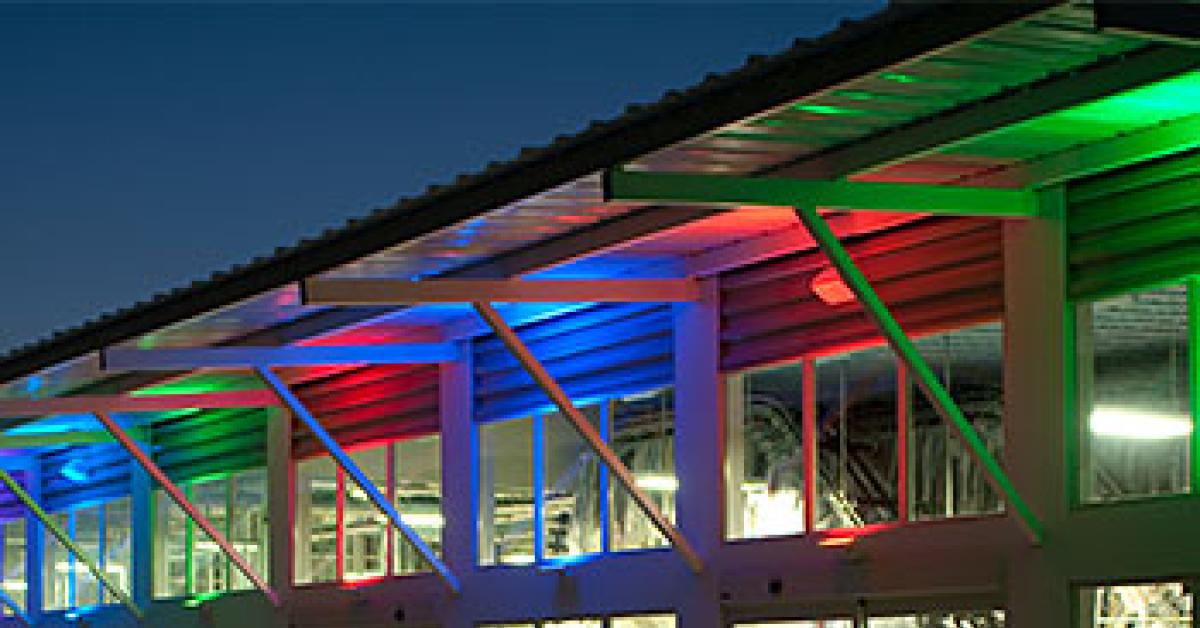 Rainbow Cleaners nighttime exterior